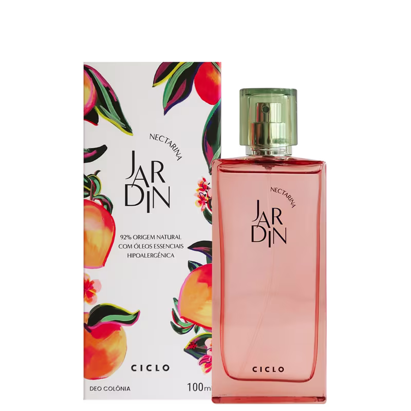 Frasco do perfume ao lado da caixa da embalagem, cujo design é na cor branca com estampa frutal colorida e vibrante em tons de laranja e verde.