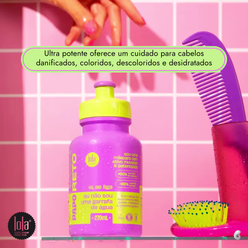 Solução para máscara de ativação ativa e nutrição em frasco plástico rosa e verde neon de 270ml. Embalagem cilíndrica com tampa rosqueada verde neon e detalhes em relevo. Rótulo rosa com texto em português "Lola Cosmetics".