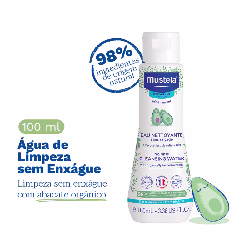 Água de Limpeza sem Enxágue", 100ml, com abacate orgânico. 98% de ingredientes naturais. Imagem estilizada de abacate verde. Cores predominantes são branco, azul e verde. Selos de certificação europeia e francesa de cosméticos naturais estão presentes.