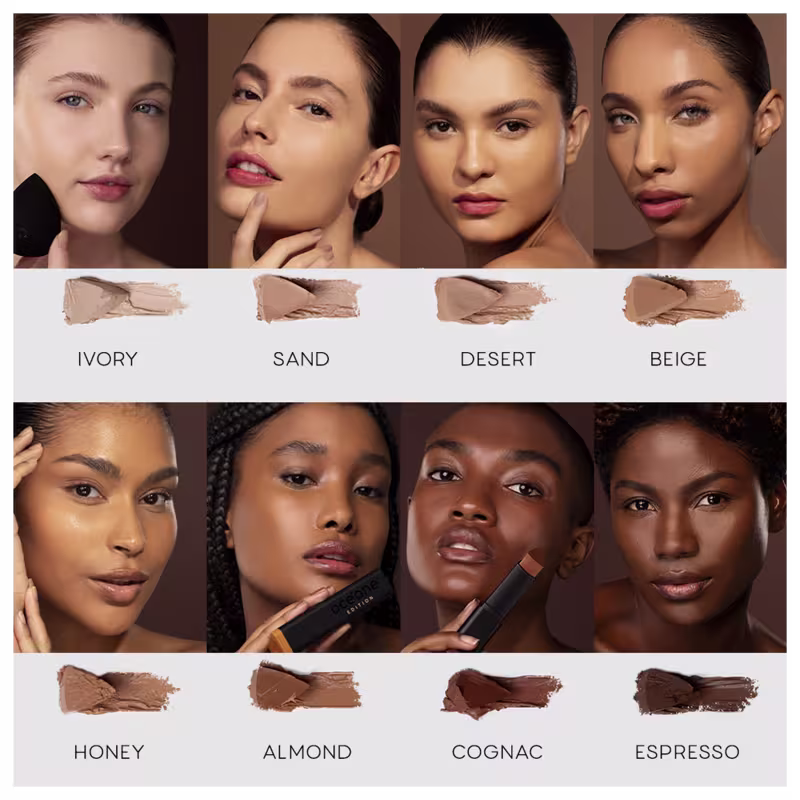 A imagem apresenta os 8 tons da Base Océane Edition Foundation Stick, com os nomes "Ivory", "Sand", "Desert", "Beige", "Honey", "Almond", "Cognac" e "Espresso". É exibida uma amostra da cor e modelos com a pele correspondente à tonalidade.