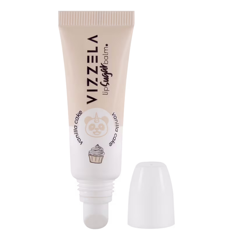 A imagem mostra uma embalagem de balm labial metade branca, inclusive a tampa e metade bege.