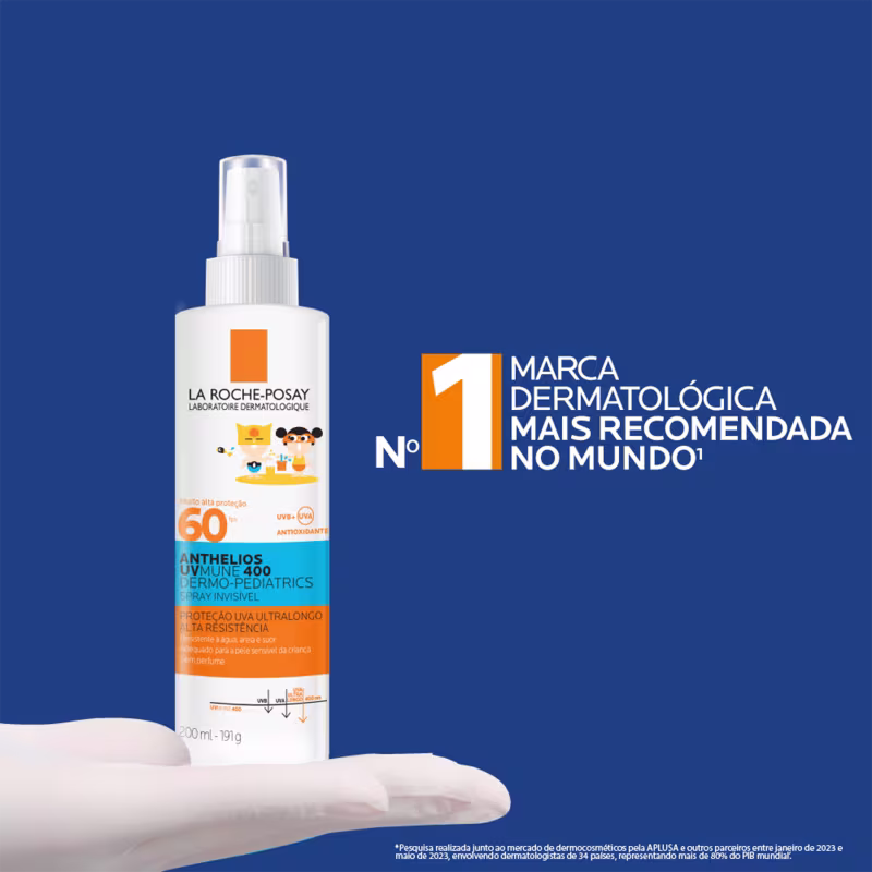A imagem mostra o frasco do protetor com a informação de ser a marca dermatológica mais recomendada no mundo.