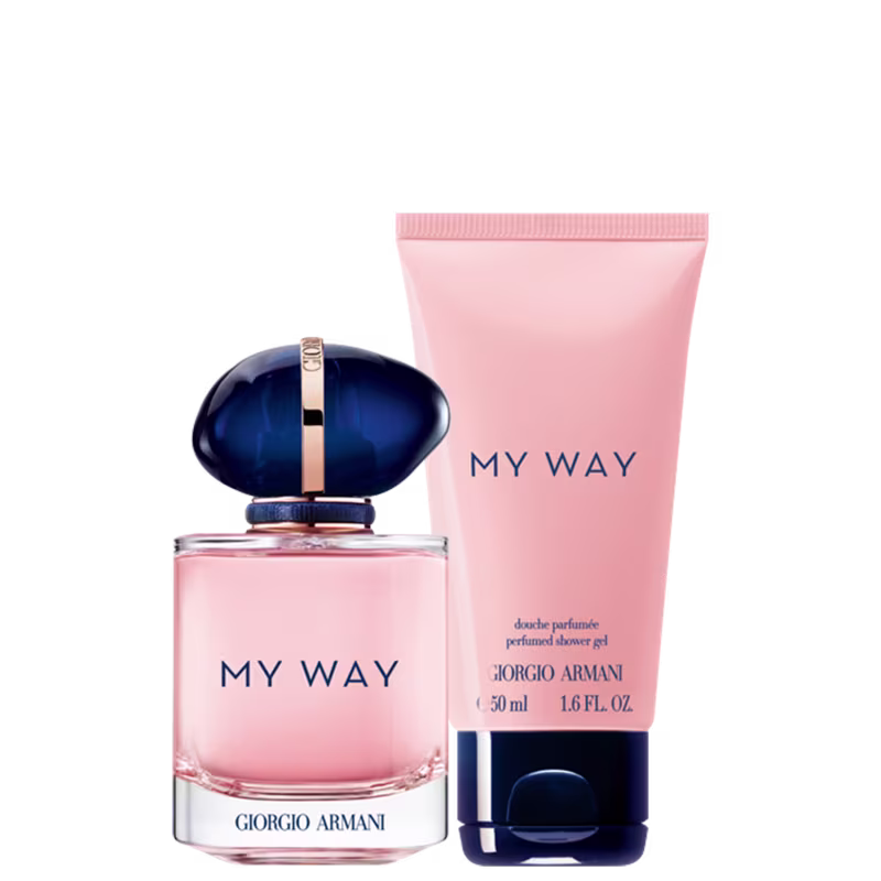 Conjunto de perfume feminino My Way da marca Giorgio Armani. Inclui um frasco de vidro transparente com líquido rosa pálido e um frasco menor com gel de banho corporal rosa.