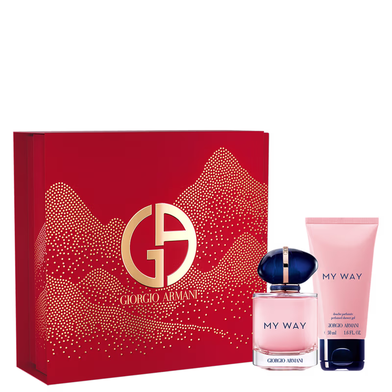 Conjunto de perfume feminino My Way da marca Giorgio Armani. Inclui um frasco de vidro transparente com líquido rosa pálido e um frasco menor com gel de banho corporal rosa.
