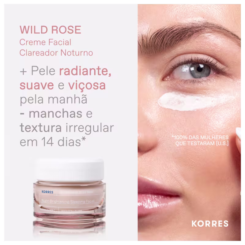 A imagem mostra de um lado o creme facial e do outro um close-up mostrando a aplicação do produto.