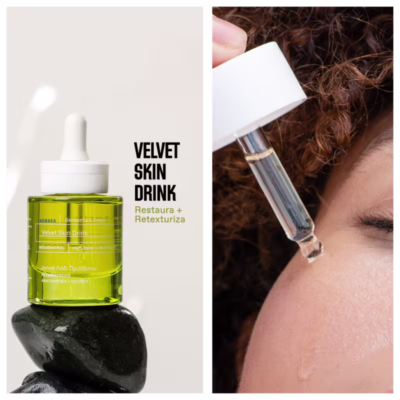 A imagem mostra o frasco do produto de um lado e do outro o sérum sendo aplicado sobre o rosto.