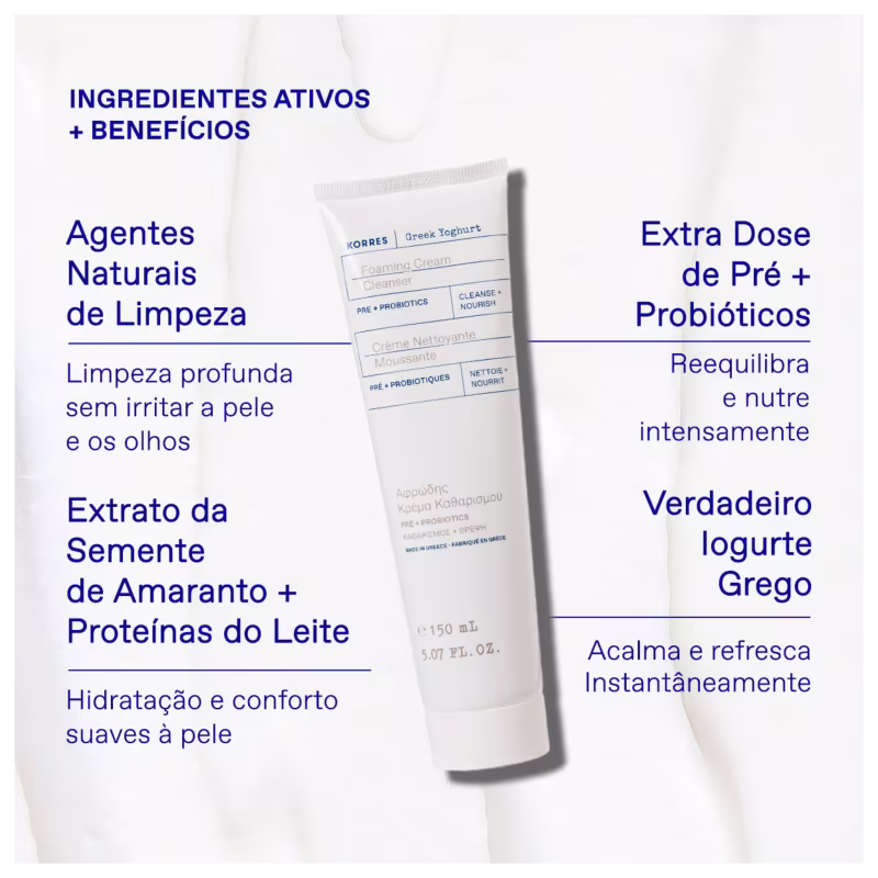 A imagem mostra o produto no centro da imagem e ao lado em tom azul os benefícios e ingredientes do produto,