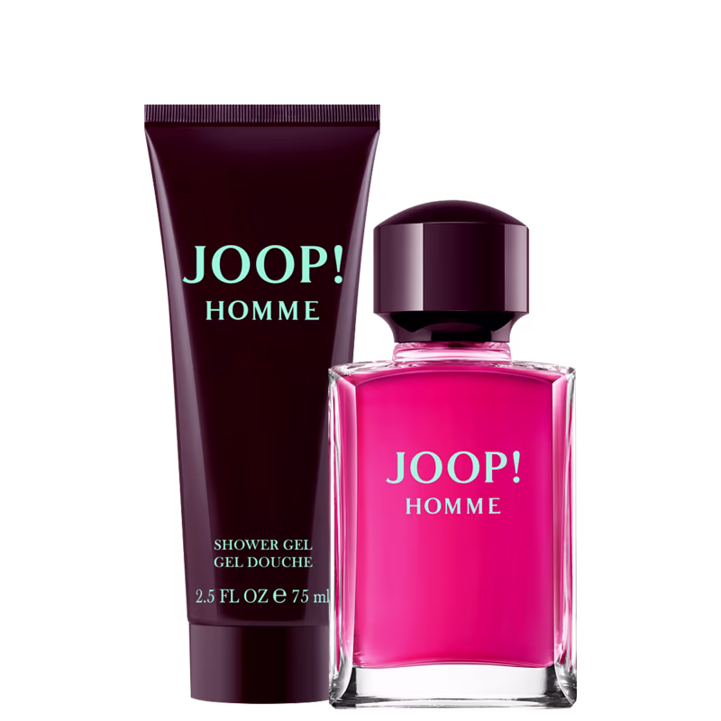 A imagem mostra um kit com perfume, frasco rosa e uma embalagem de shower gel marrom.