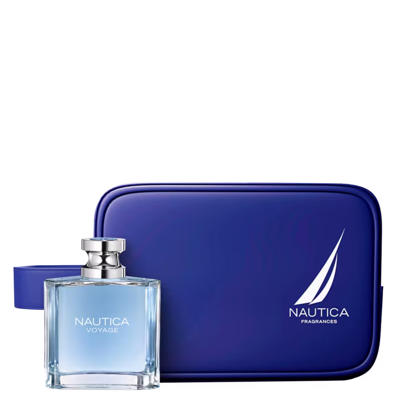 Perfume Nautica Voyage em frasco retangular transparente com líquido azul claro. Nécessaire azul marinho brilhante com o logotipo e nome "Nautica Fragrances" em branco.