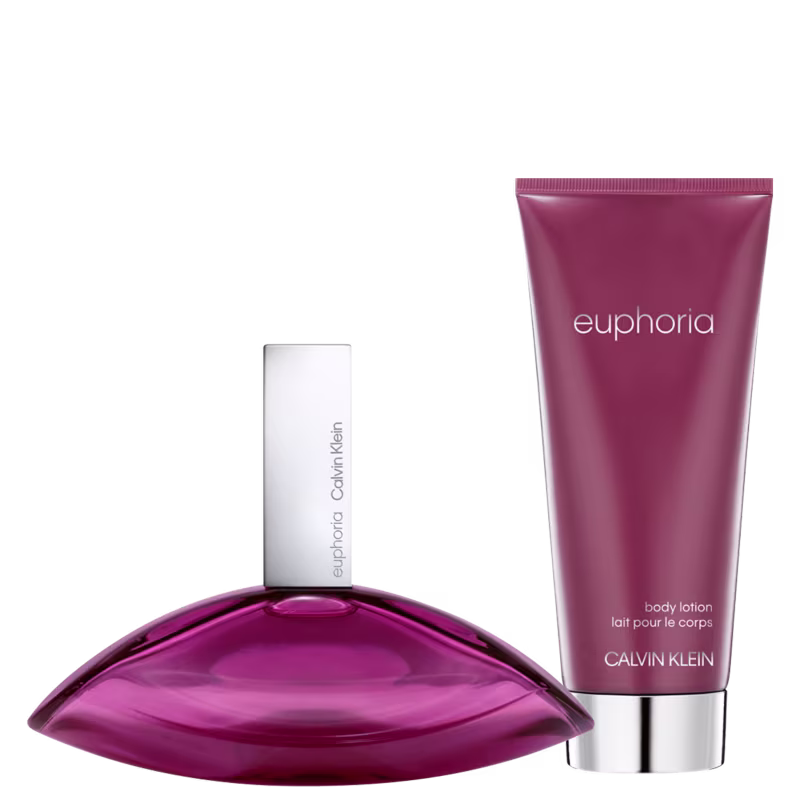 Perfume Euphoria de Calvin Klein em frasco de vidro arredondado na cor magenta. Loção corporal Euphoria de Calvin Klein em embalagem tubular rosa com detalhes em prata.