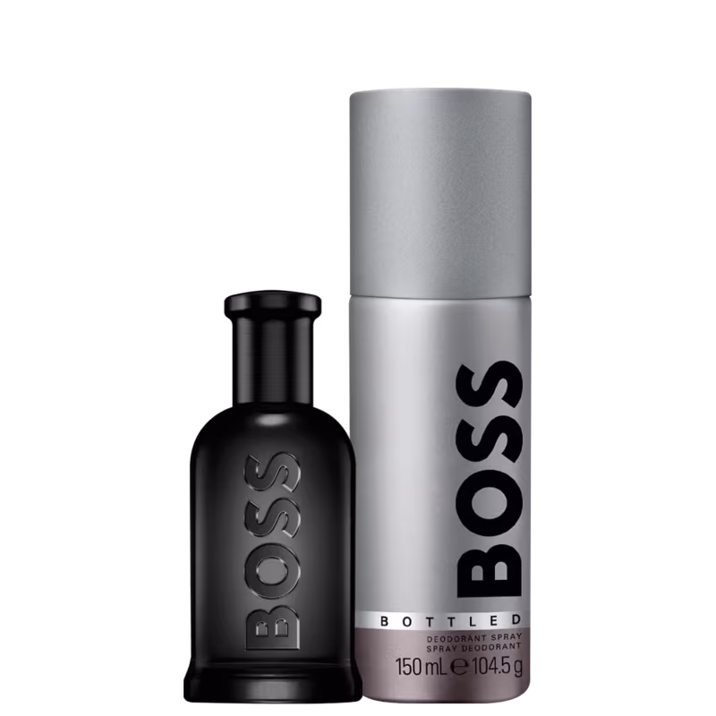 A imagem mostra um frasco de perfume todo preto e um desodorante todo prata.