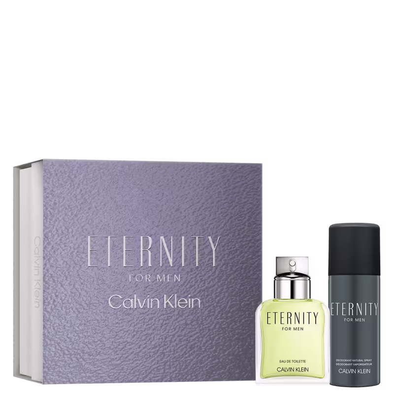 Caixa retangular cor cinza texturizada com "Eternity for Men" em relevo. Frasco de perfume em vidro transparente com líquido amarelo claro e tampa prateada. Desodorante spray preto cilíndrico com rótulo "Eternity for Men".