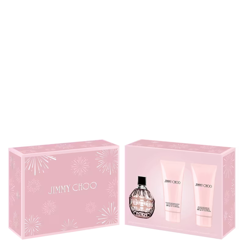 A imagem mostra a caixa do kit, toda rosa com detalhes e letras brancas, de frente. E, ao lado, a caixa de costas, com a foto do perfume, hidratante e sabonete líquido.