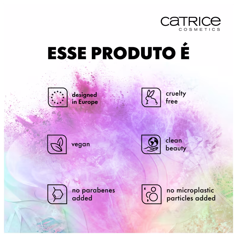 Vegano, cruelty free, livre de gluten, clean beauty, sem parabenos, livre de álcool, sem microplásticos.