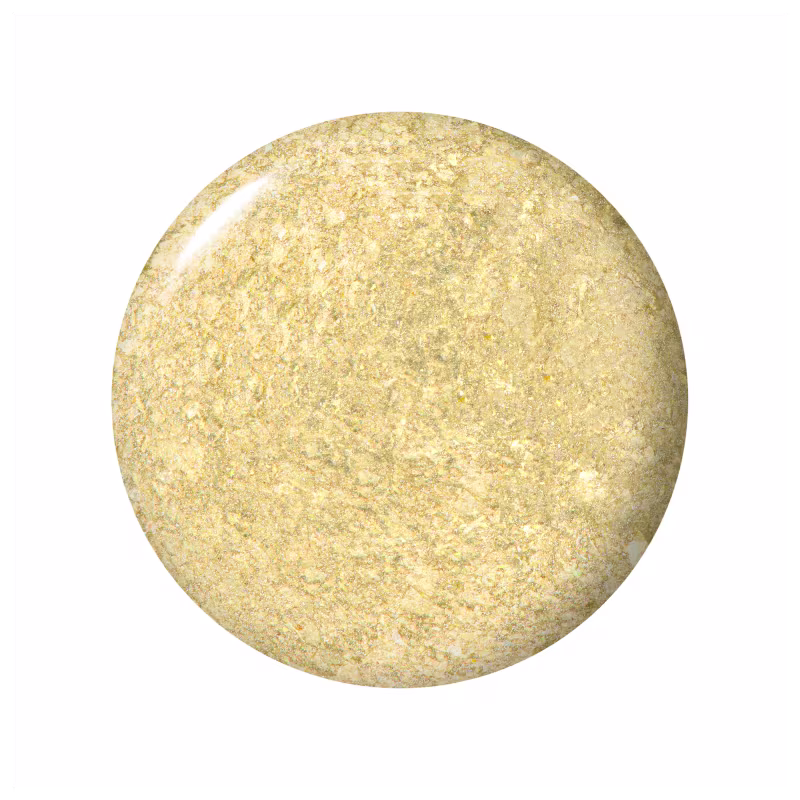 Amostra em formato circular, com uma textura brilhante e cremosa em tons de dourado claro.