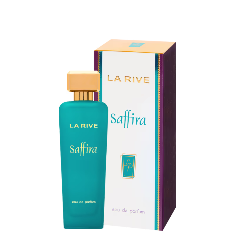 Perfume La Rive Saffira em frasco retangular de vidro azul turquesa. Tampa dourada quadrada no topo. Rótulo com o nome do perfume "Saffira" e da marca "La Rive" em letras brancas. Indicação "eau de parfum" na parte inferior do frasco.