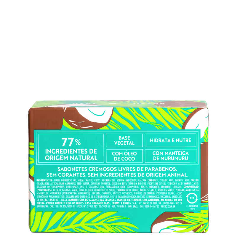 Caixa de sabonetes cremosos livres de parabenos, sem corantes e sem ingredientes de origem animal. Apresenta um design tropical com folhagens estilizadas. Destaca 77% de ingredientes de origem natural, base vegetal, óleo de coco e manteiga de murumuru.