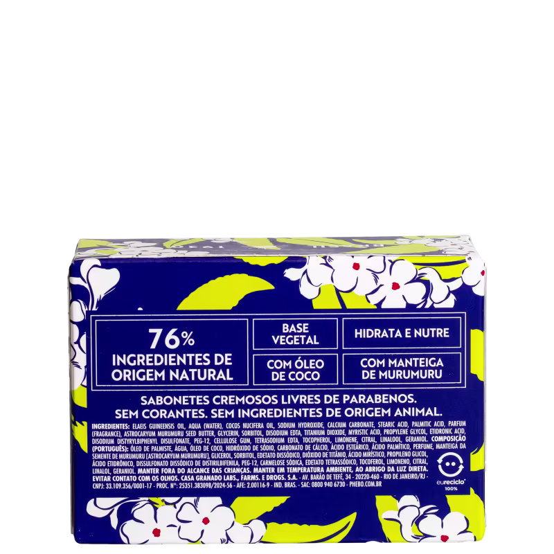 Caixa de sabonete cremoso livre de parabeno, sem corantes e sem ingredientes de origem animal. O rótulo destaca que 76% dos ingredientes são de origem natural.