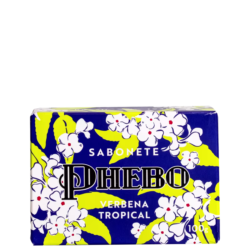 Sabonete Phebo Verbena Tropical. Embalagem retangular em cores vivas de azul e amarelo. Decorada com padrão floral de flores brancas estilizadas com detalhes vermelhos. Texto "Sabonete Phebo Verbena Tropical" em letras grandes e negritadas.