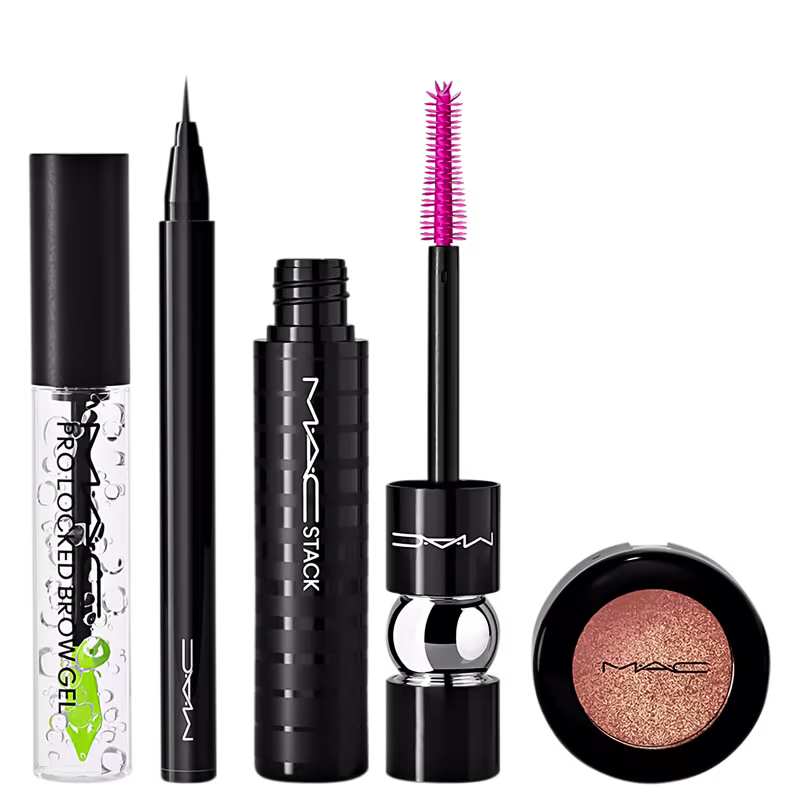 gel de sobrancelha com embalagem transparente e tampa preta, um delineador todo preto, uma máscara para cílios preta e uma embalagem de sombra preta.
