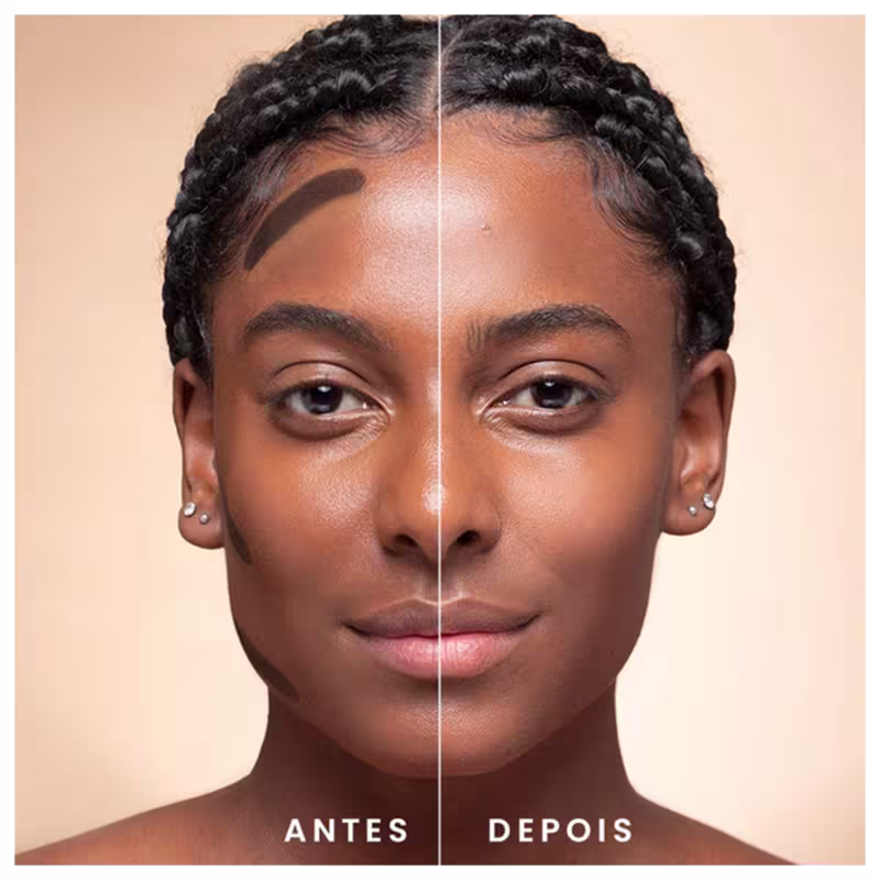 A imagem mostra uma modelo com metade do rosto sem o contorno e metade do rosto com o contorno.