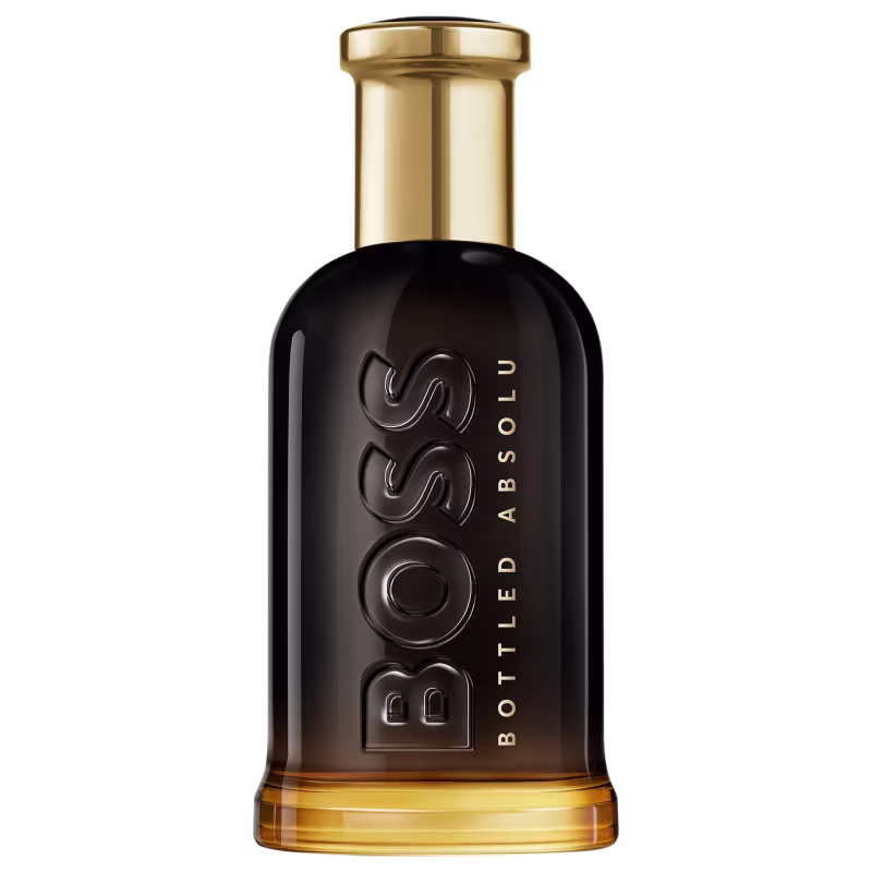 Perfume em frasco de vidro com formato cilíndrico e tampa dourada. Ele tem uma gradação de cor que vai do preto na parte superior ao âmbar na parte inferior. O rótulo exibe o logotipo "BOSS" em relevo e a inscrição "BOTTLED ABSOLU" abaixo, em dourado.