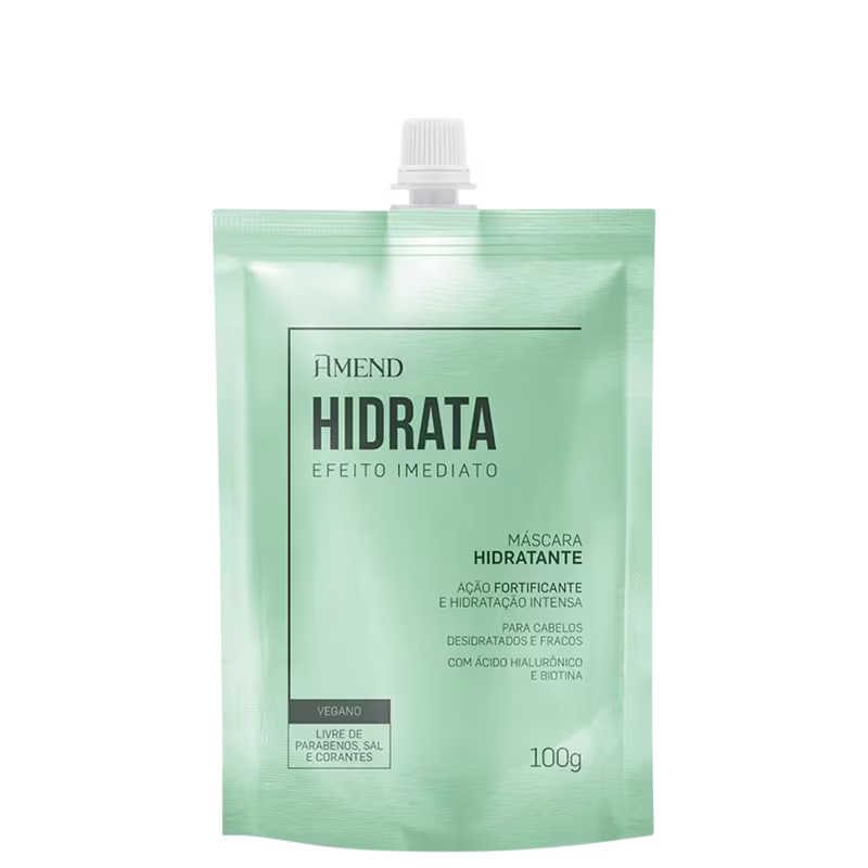 Máscara hidratante Amend Cosméticos em embalagem plástica verde-clara, com rótulo destacando "Hidrata" e "Efeito imediato". Contém 100g do produto, com ação fortificante e hidratação intensa para cabelos desidratados e fracos.