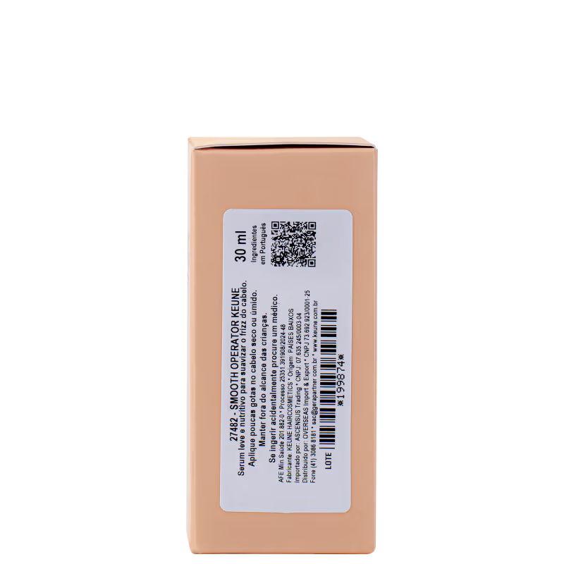 A imagem mostra a parte de trás da caixa do produto Smooth Operator da Keune com informações impressas em preto, como uma descrição do produto, ingredientes e instruções de uso.