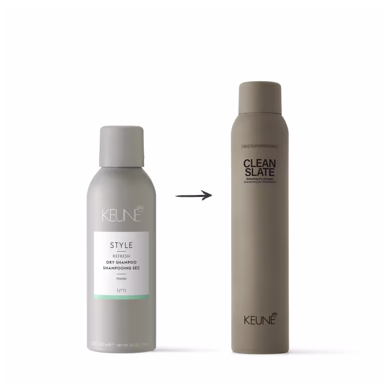 A imagem mostra dois produtos de cabelo da marca Keune. À esquerda, o shampoo seco "Refresh" da linha Style. À direita, o "Clean Slate". Entre eles, há uma seta que indica substituição ou semelhança entre eles.