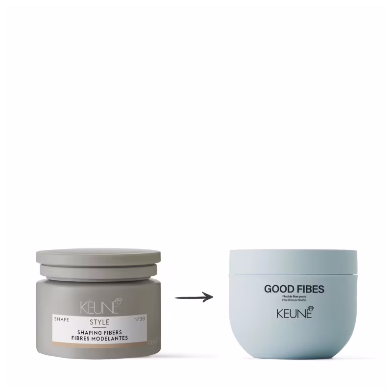 A imagem mostra dois produtos da marca Keune. À esquerda, "Shape Style Shaping Fibers". À direita, "Good Fibes Flexible fiber paste". Uma seta entre eles indica que o produto à esquerda é substituído ou evolui para o produto à direita.