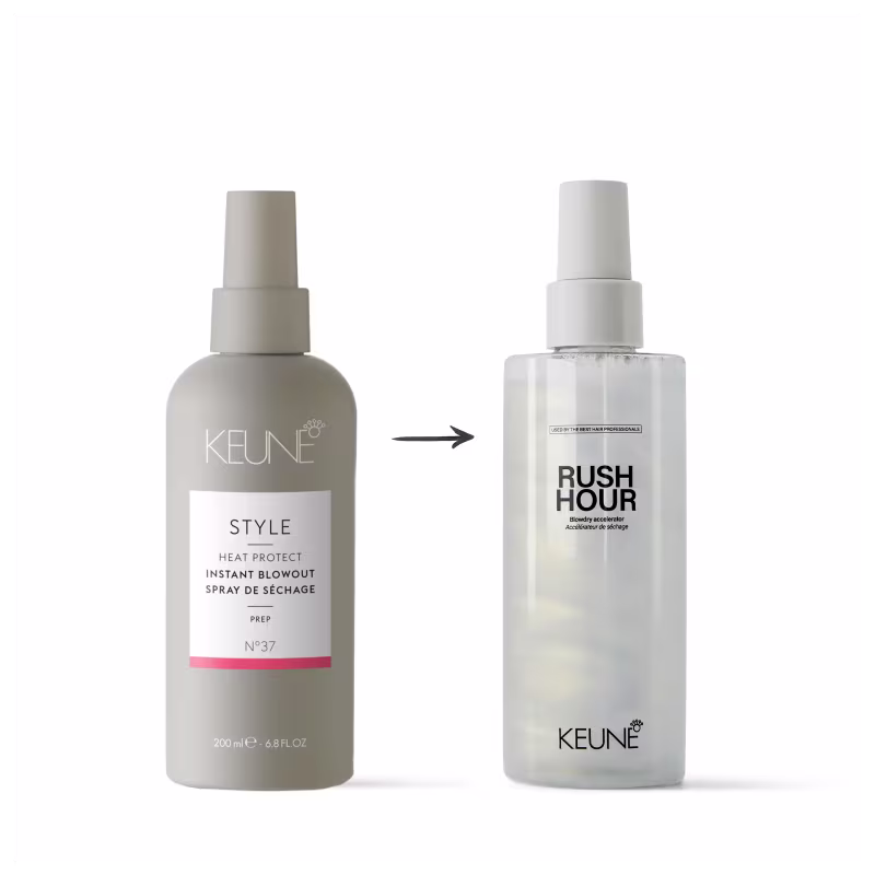A imagem mostra dois produtos da marca Keune. À esquerda, o "Style Heat Protect Instant Blowout Spray". À direita, o "Rush Hour Blowdry Accelerator". Uma seta entre eles indica que o produto à esquerda é substituído para o produto à direita.