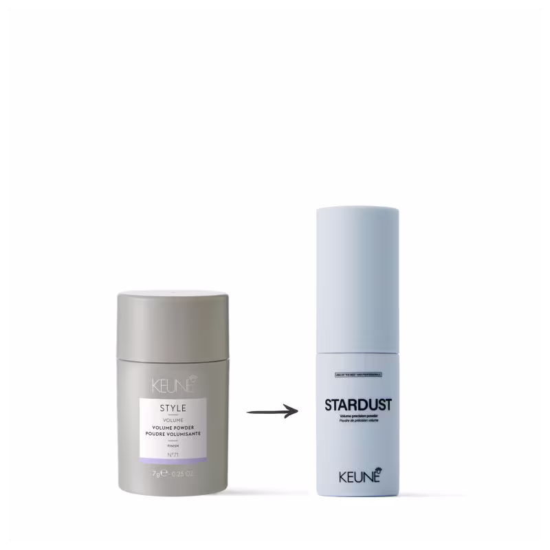 A imagem mostra dois produtos da marca Keune: "Stardust" e "Style Volume". Uma seta entre eles indica semelhança ou substituição dos produtos.