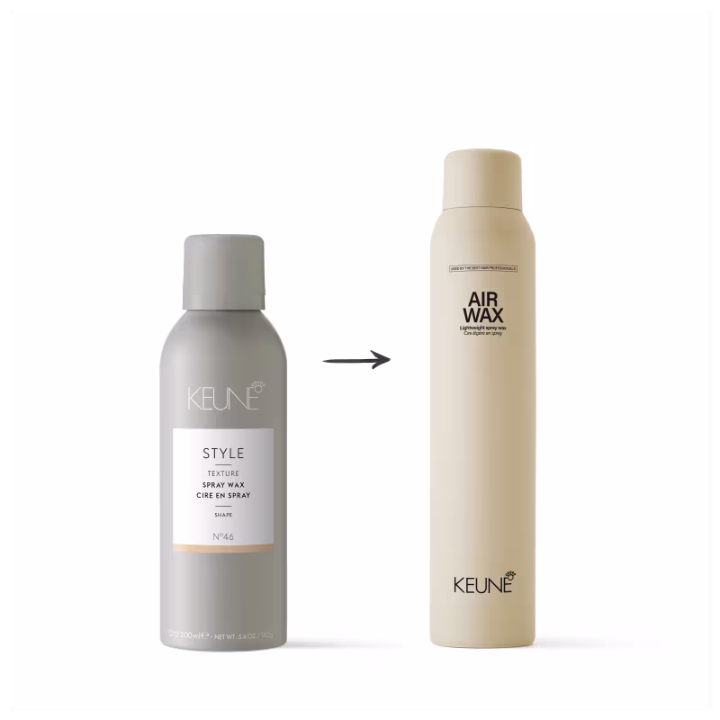 Dois produtos da marca Keune. À esquerda, o produto "Style Texture Spray Wax". À direita,  o produto "Air Wax". Uma seta entre eles indica que o produto à esquerda é substituído para o produto à direita.