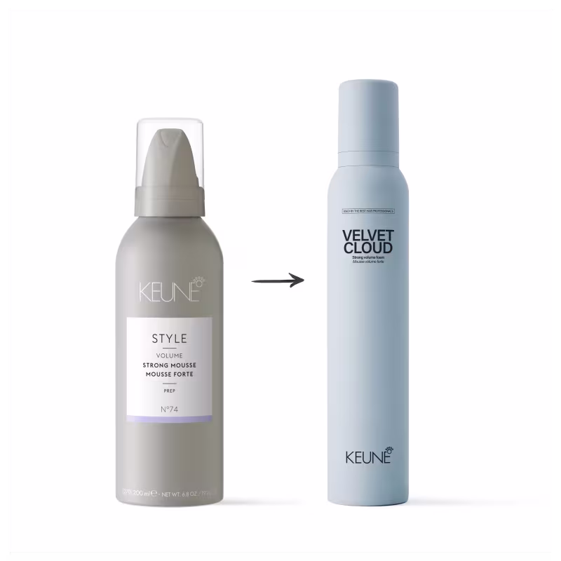 A imagem mostra dois produtos da marca Keune. À esquerda, Style Volume Strong Mousse. À direita, "Velvet Cloud". Uma seta entre eles indica semelhança ou substituição dos produtos