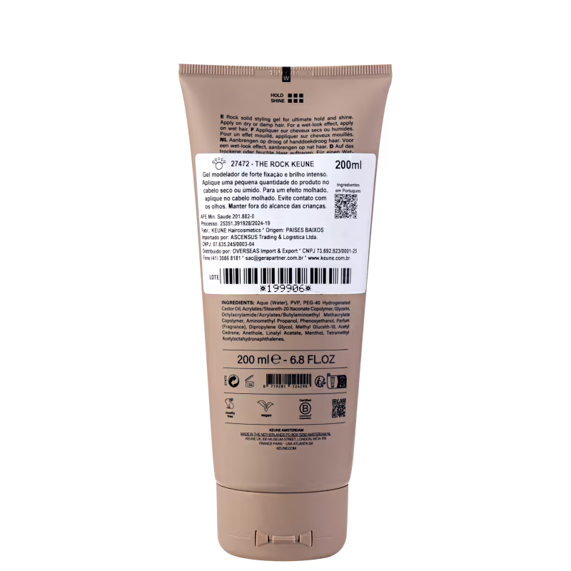 A imagem mostra a parte de trás do Gel The Rock da marca Keune, contendo 200ml. Apresenta rótulo com informações em diversos idiomas, além de ingredientes, código de barras, logotipos e instruções de uso.
