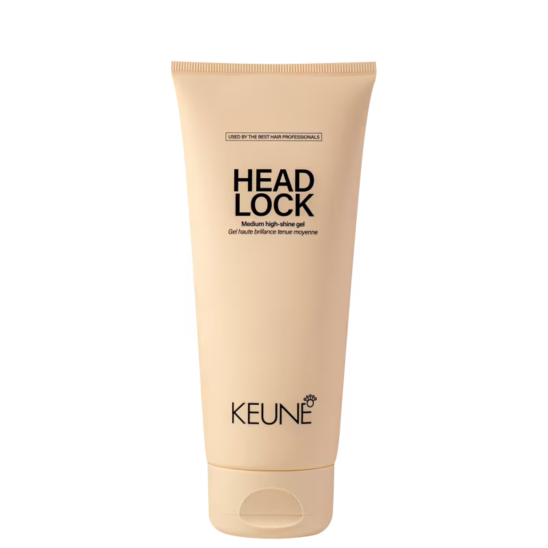A imagem mostra o Gel Fixador Head Lock da marca Keune, com embalagem de cor bege. Traz o nome "Head Lock" em letras pretas, descrito como "Medium high-shine gel" (Gel de brilho médio). O logotipo da Keune aparece na parte inferior.