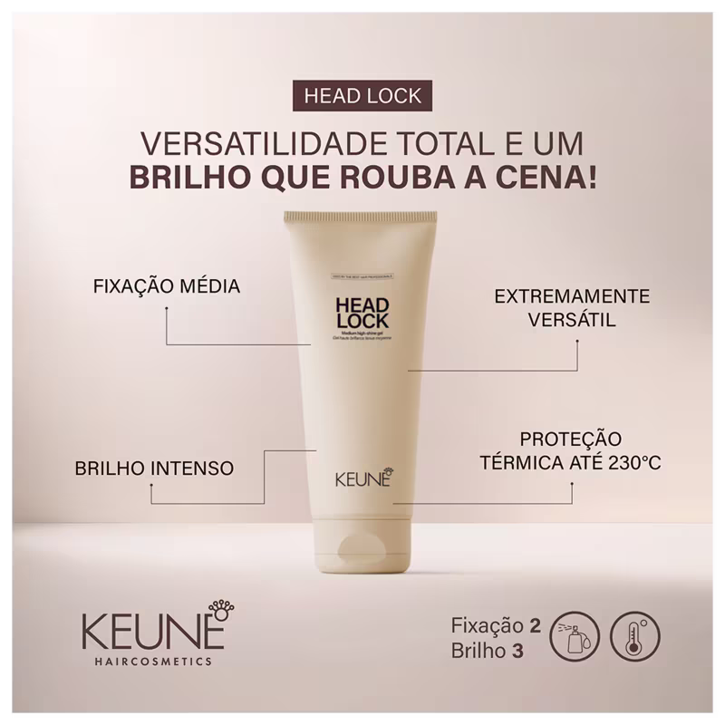 Traz a imagem do Gel Fixador "Head Lock"  e texto sobre o produto: "Versatilidade total e um brilho que rouba a cena", "Fixação média", "Extremamente versátil", "Brilho intenso" e "Proteção térmica até 230°C".