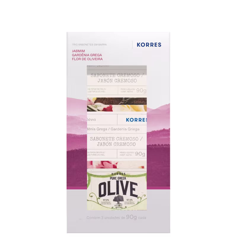 Trio de sabonetes em barra da marca Korres. Embalagem retangular com fundo preto e detalhes em rosa e branco. Contém três sabonetes cremosos de 90g cada, com fragrâncias de jasmim, gardênia grega e flor de oliveira.