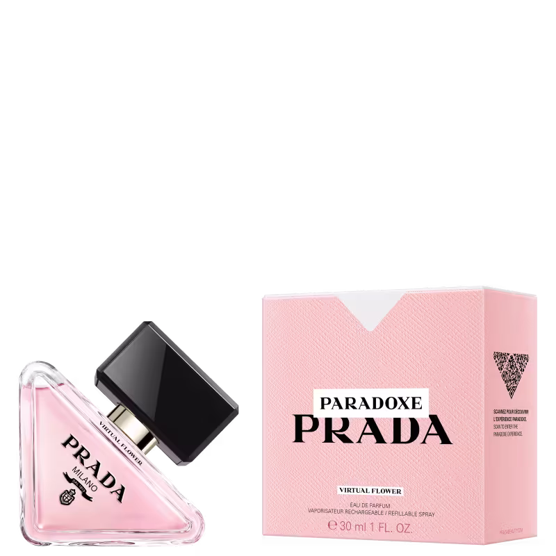 Frasco do perfume e caixa da embalagem lado a lado.