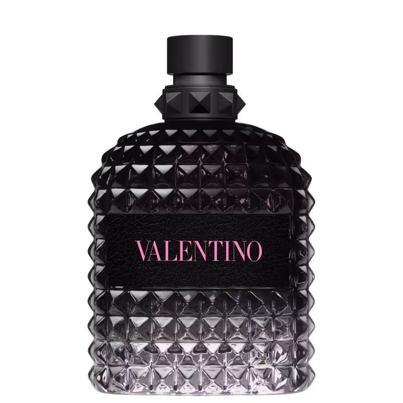Frasco de perfume Valentino preto com design geométrico em relevo e rótulo com o nome da marca em rosa. O frasco possui formato cilíndrico com tampa preta.