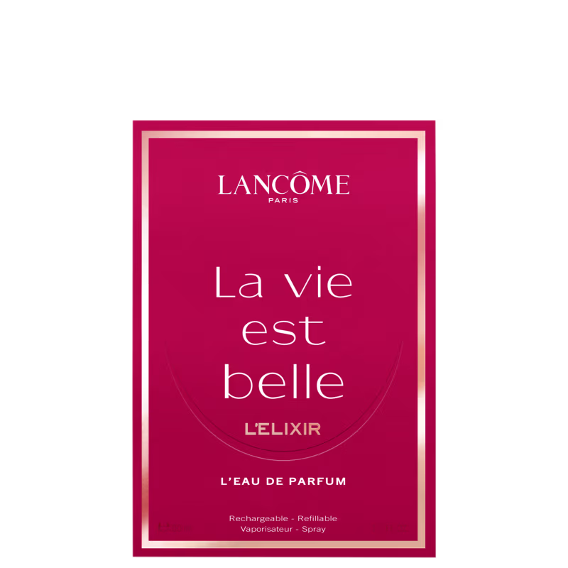 A embalagem é uma caixa vermelha com detalhes em branco e dourado contendo o nome da marca e do produto em destaque.