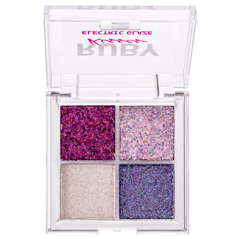 Paleta de Sombras Ruby Kisses Electric Glaze Unicorn com tons rosados e azul.