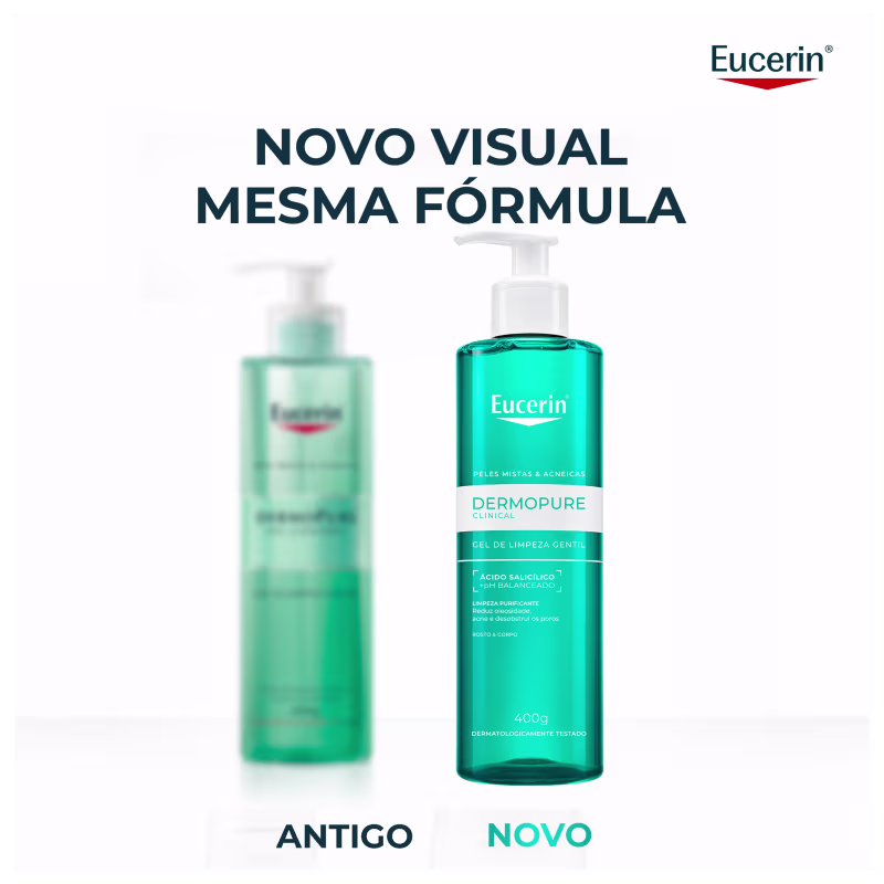 Imagem de dois produtos de cuidados com a pele da marca Eucerin: um frasco de gel de limpeza facial Dermopure Clinical e um frasco de gel de limpeza gentil com ácido salicílico e pH balanceado.