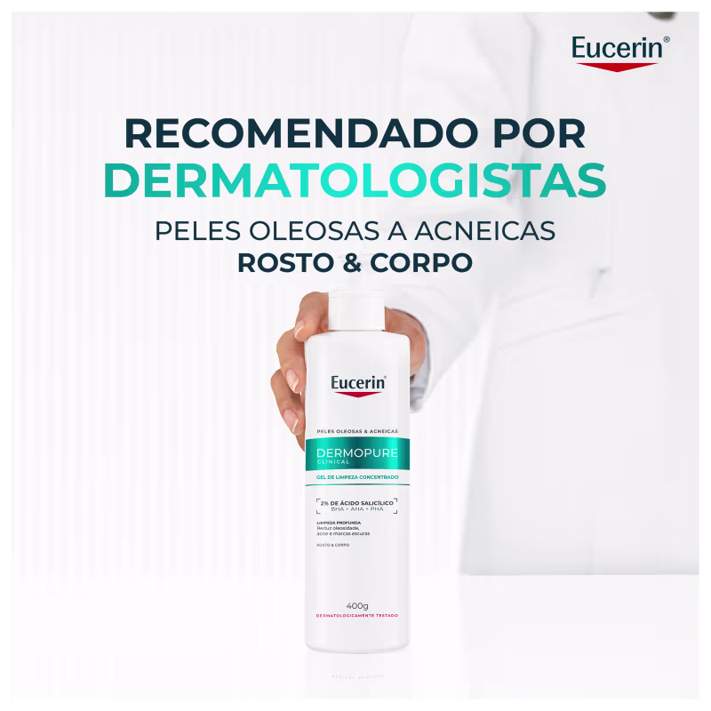 Imagem de um produto da marca Eucerin, um gel de limpeza concentrado para peles oleosas e acneicas, com texto "Recomendado por dermatologistas" e "Peles oleosas a acneicas, rosto & corpo".