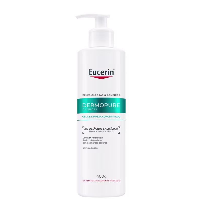 Frasco branco com bomba doseadora da marca Eucerin, contendo gel de limpeza concentrado para peles oleosas e acneicas, com 2% de ácido salicílico, para limpeza profunda, redução da oleosidade e marcas de acne.
