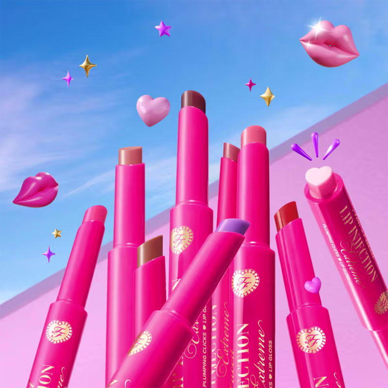A imagem mostra diversas cores do Gloss Labial Too Faced Lip Injection Extreme Plumping Clicks