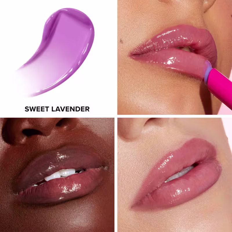 As imagens mostram o resultado da cor do Gloss Labial Too Faced Lip Injection Extreme Plumping Clicks Sweet Lavender em diferentes tons de lábios.