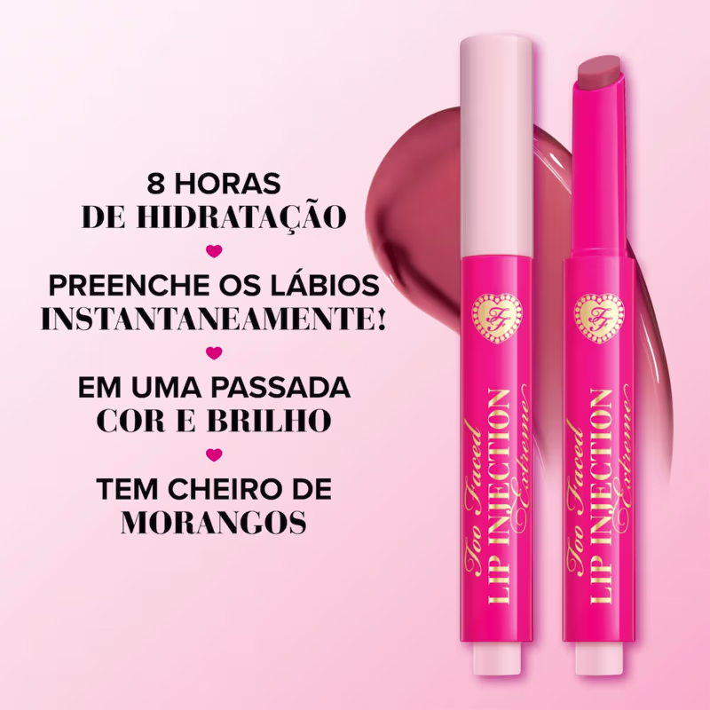 Texto destaca benefícios do gloss labial: 8 horas de hidratação, preenche os lábios instantaneamente, em uma passada cor e brilho, tem cheiro de morango.