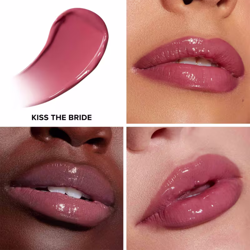 As imagens mostram o resultado da cor do Gloss Labial Too Faced Lip Injection Extreme Plumping Clicks Kiss The Bride em diferentes tons de lábios.