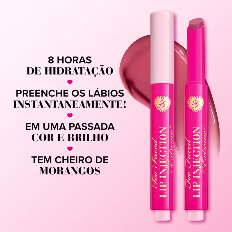 Texto destaca benefícios do gloss labial: 8 horas de hidratação, preenche os lábios instantaneamente, em uma passada cor e brilho, tem cheiro de morango.